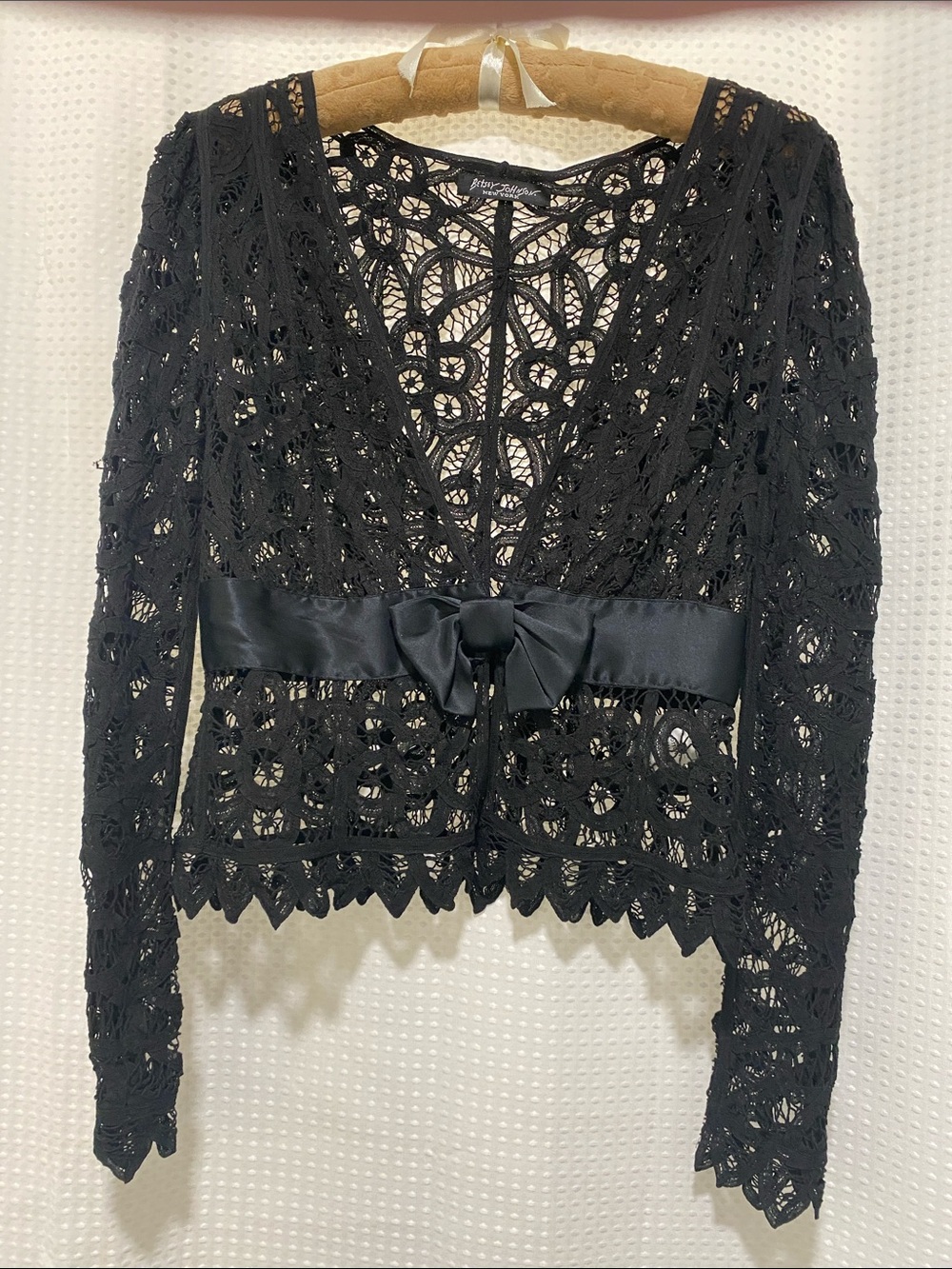 Vintage Betsey Johnson New York Black Lace Long Sleeve Bow-Waist Top - Picture 1 of 15